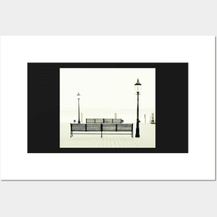 Benches On The Pier In Black And White Posters and Art